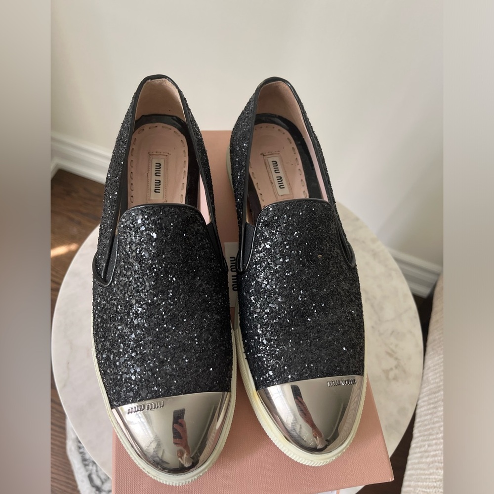 MIU MIU Black Glitter and Metal Cap Toe Slip On Sneakers Sz 39